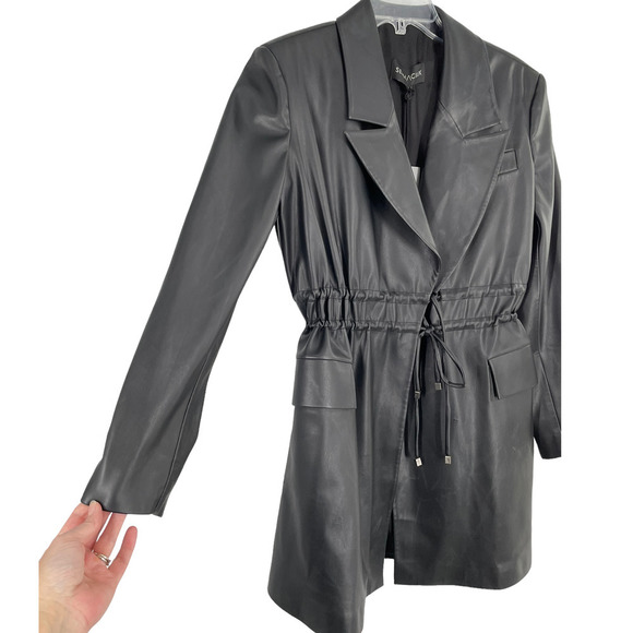 Selmacilek Womens Leather Trench Collar Mini Dress Flap Pockets Size S Black - Picture 2 of 9